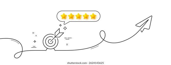 Target goal line icon. Continuous line with share plane. Success arrow sign. Business aim symbol. Five star rate review in speech bubble. Target goal single line ribbon. Loop curve pattern. Vector