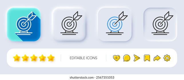 Target goal line icon. Neumorphic, Flat shadow, 3d buttons. Success arrow sign. Business aim symbol. Line target goal icon. Social media icons. Vector