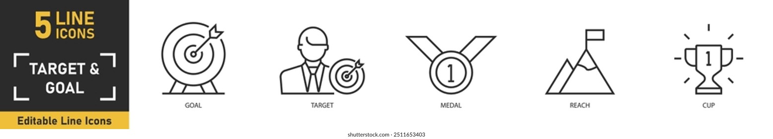 Conjunto de iconos de objetivo y línea de objetivo. Conjunto de 5 iconos de contorno relacionados con la meta, objetivo, medalla, alcance, copa y más. Ilustración vectorial.