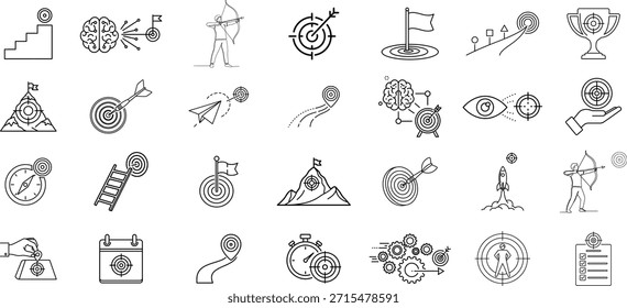Symbolsatz für Ziel- und Zielzeile: Vektorsymbole von Dartboard, Bullseye, Ziel, Bogenschießen, Strategie und Erfolg Symbole für Business Marketing, Fokus und Leistung Design