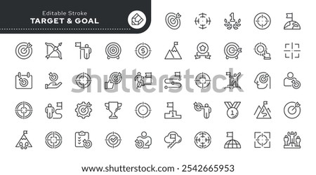 Target, goal line icon set. Success, achievement, mission, winner and more. Series in linear style. Outline icon collection. Conceptual vector pictogram