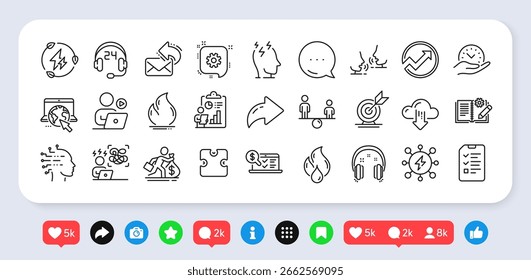 Objetivo objetivo, salario y paquete de iconos de línea de entrevista. Redes sociales: compartir, comentar, dar me gusta a los iconos. Video Conferencia, tiempo seguro, ícono de Web de esfuerzo difícil. Vector