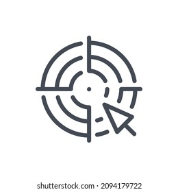 Target and goal search line icon. Target with click arrow vector outline sign.