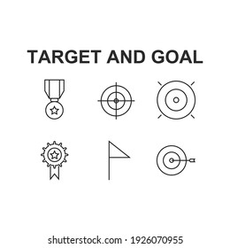 Icono de conjunto de objetivo y objetivo, icono de signo de objetivo aislado y de conjunto de objetivo, ilustración vectorial