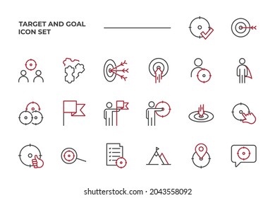 Icono de conjunto de objetivo y objetivo, icono de signo de objetivo aislado y de conjunto de objetivo, ilustración vectorial