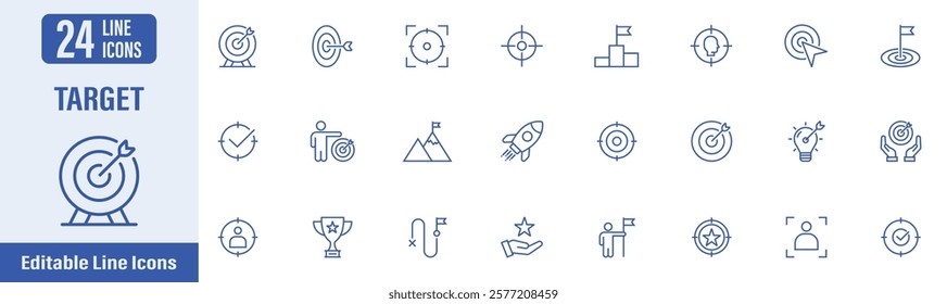 Target and Goal web icons in line style. Goal target, goal, business target, success, aim, focus, career, challenge, mission, winner, target board, arrow and more. Vector illustration.