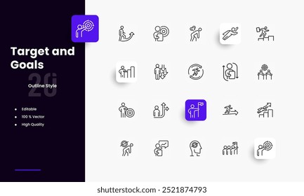 Conjunto de iconos de líneas de destino y objetivos. géneros y atributos de destino. Diseño lineal. Líneas con trazo editable. Iconos aislados del vector.