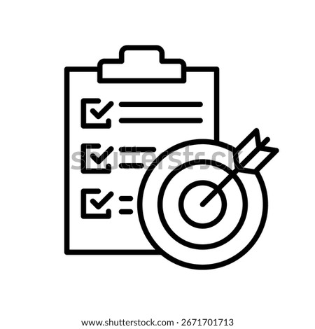 Target goals vector line black icon set. Success business strategy concept. Icons arrow, document, paper, notepad, check mark, list. Dart target icon. Arrow hitting in the target center of dartboard.