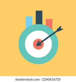 Destino con el icono de gráfico. Pegatina para redes sociales y mensajeros. Establecimiento de objetivos y motivación, liderazgo, investigación de marketing y metáfora de proyectos exitosa. Dibujo vectorial plano de dibujos animados
