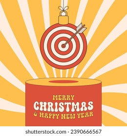 target groovy Christmas bauble pedestal. Merry Christmas groovy sport greeting card. Hang on a thread xmas ball on podium. Sport Trendy Vector illustration.