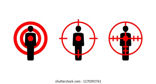 Target group  - human silhouette in center of target or aim - set of isolated vector icons