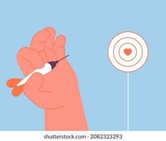 Target. Hand hold dart and aiming at heart. Love competition or romance feelings. Achievement of goals, goal setting and self confidence vector concept