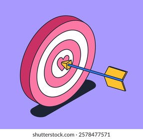 A target with a heart-shaped center and a yellow arrow hitting the bullseye. Cartoonish vector style on a purple background. Concept of love and precision. Vector illustration.