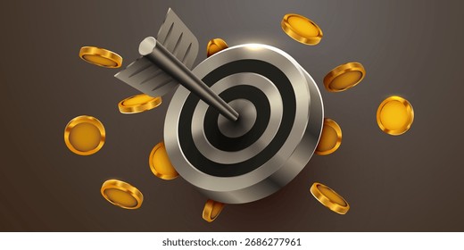 Alvo atingido por flecha cercado por moedas de ouro, simbolizando o sucesso financeiro e alcançando objetivos de negócios. Ilustração vetorial.