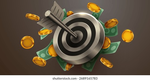 Alvo atingido por flecha cercado por moedas de ouro, simbolizando o sucesso financeiro e alcançando objetivos de negócios. Ilustração vetorial.