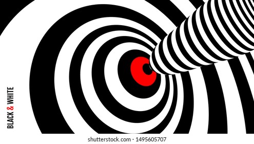 Target hit in the center. Black and white design with optical illusion. Abstract striped background. Vector illustration. 