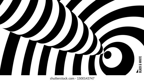 Target hit in the center. Black and white design with optical illusion. Abstract striped background. Vector illustration. 