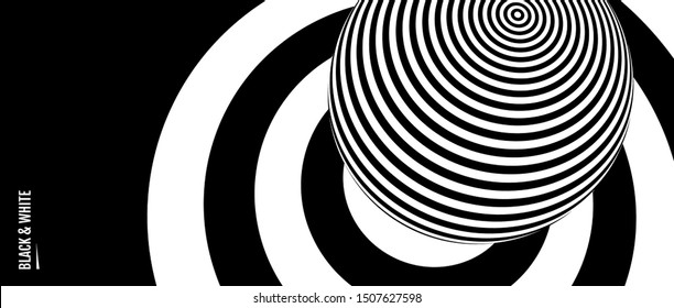 Target hit in the center. Black and white design with optical illusion. Abstract striped background. Vector illustration.