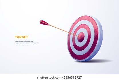 Target hit in the center by an arrow. Isolated Bullseye arrow on white background. Business goal achievement concept. Abstract digital archery symbol. Vector illustration in modern polygonal style.