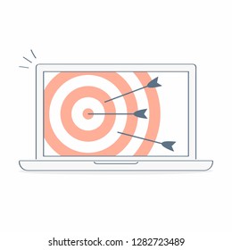 Target hit in the center of computer display by arrows.  To reach business goal, aimed shot - vector