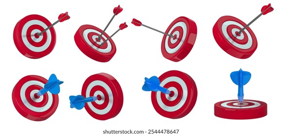 Target hit. Dartboard or bullseye targets with darts and arrows. Targeting goal and direct aim concept. Hitting the target 3D various angles vector illustration set.