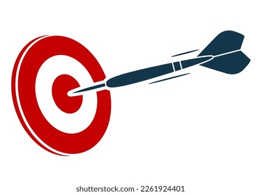 Target hit, dartboard and dart flying to aim, darts competition emblem, achievement concept, vector