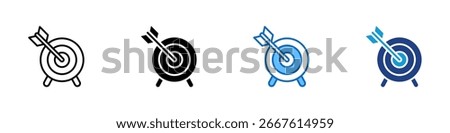 Target Hit Multiple Style Icon Sheet Vector Design - bullseye target with an arrow in the center, symbolizing goal achievement and precision
