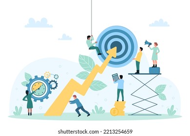 Target hitting accuracy, incentive to business progress and development vector illustration. Cartoon tiny people achieve goal in team, teamwork of employees research direction of arrow in bullseye