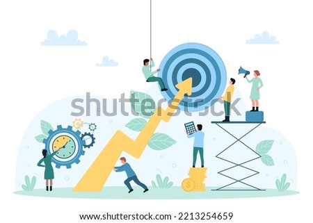 Target hitting accuracy, incentive to business progress and development vector illustration. Cartoon tiny people achieve goal in team, teamwork of employees research direction of arrow in bullseye