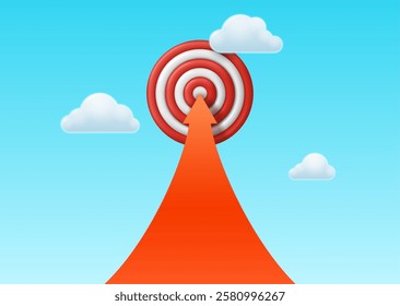 Target hovering in the sky among clouds and arrow pointing upward. Vector illustration.