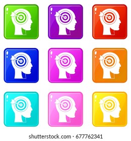 Target in human head icons of 9 color set isolated vector illustration