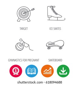 Target, ice skates and skateboard icons. Gymnastics for pregnant linear sign. Award medal, growth chart and opened book web icons. Download arrow. Vector