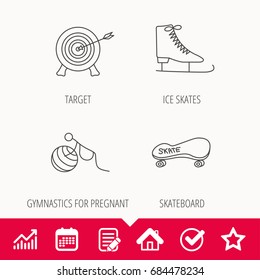 Target, ice skates and skateboard icons. Gymnastics for pregnant linear sign. Edit document, Calendar and Graph chart signs. Star, Check and House web icons. Vector
