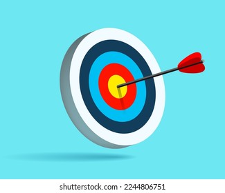 Target icon in 3d flat style on color background. Arrow in the center aim. Vector design element for you business projects