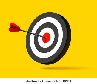 Target icon in 3d flat style on yellow background. Arrow in the center aim. Vector design element for you business projects