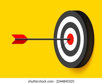 Target icon in 3d flat style on yellow background. Arrow in the center aim. Vector design element for you business projects