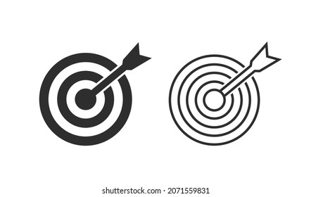 Target icon. Accuracy focus and shot in goal. Objective with arrow. Icon of dart with dartboard. Symbol of opportunity, accurate and mission. Illustration for business strategy and performance. Vector
