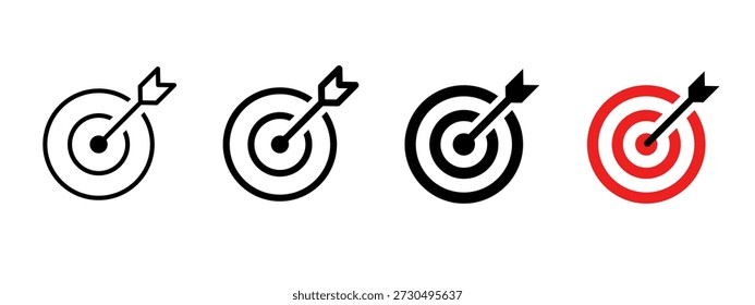 Target icon with arrow in center symbolizing goal, focus and accuracy. Bullseye pictogram for success, achievement, strategy and direction. Ideal for planning, performance, and business goals concept.