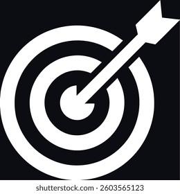 Target icon with arrow hitting the center, bullseye symbol in white on black background, vector design"