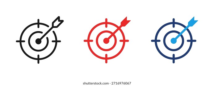 Icono de destino con la flecha que golpea el centro. Símbolo de la meta y el objetivo para el éxito, la precisión, el enfoque, la estrategia, la planificación empresarial y los resultados de rendimiento.