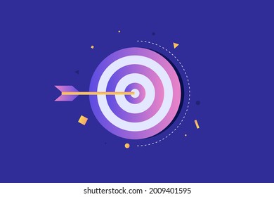 Icono de destino con una flecha en un fondo azul. Disparo directamente al centro del objetivo. El concepto de ganar una competencia, lograr un objetivo en los negocios. Ilustración vectorial.