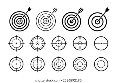 Target icon. Target with arrow icon set. Arrow hits the target. Archery target with arrow. Vector illustration