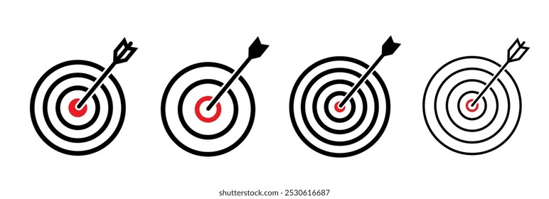 Target icon. Target with arrow icon set. Arrow hits the target. Archery target with arrow. Vector illustration