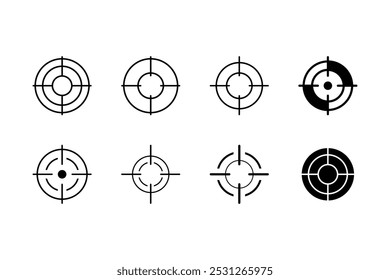 Target icon. Target with arrow icon set. Arrow hits the target. Archery target. Collection of vector symbol in trendy flat style on white background.