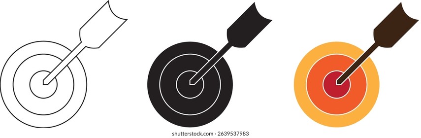 Target icon. Target with arrow icon set. Arrow hits the target. Archery target with arrow. Vector illustration