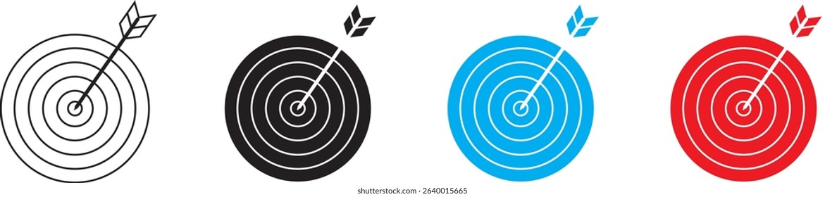 Target icon. Target with arrow icon set. Arrow hits the target. Archery target with arrow. Vector illustration