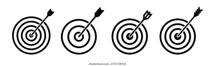 Icono de destino. Destino con conjunto de iconos de flecha. Flecha golpea el objetivo. Objetivo de tiro con arco con flecha. Ilustración vectorial