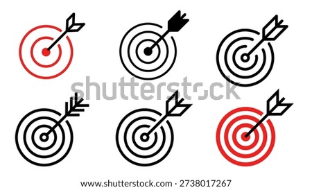 Target icon. Target with arrow icon set. Arrow hits the target. Archery target with arrow. Vector illustration