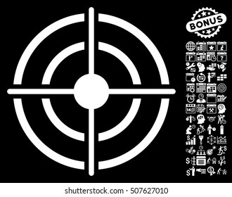 Target icon with bonus calendar and time service images. Vector illustration style is flat iconic symbols, white color, black background.
