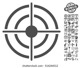 Target icon with bonus calendar and time management images. Vector illustration style is flat iconic symbols, gray color, white background.